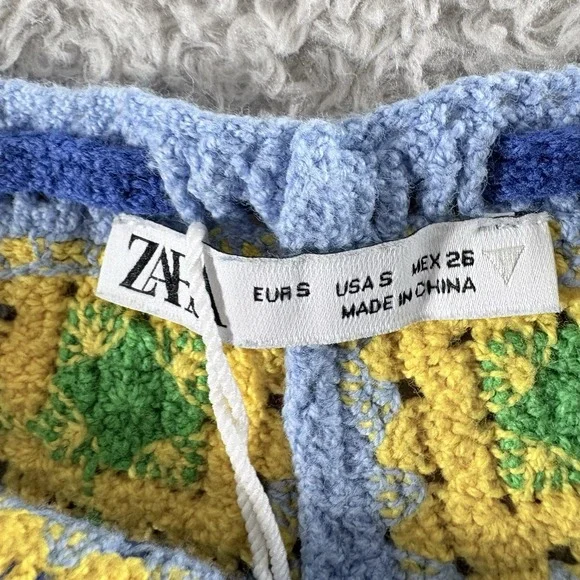 Zara Crochet Set Women Blue Yellow Small Granny Square Boho Festival Matching - Picture 9 of 16